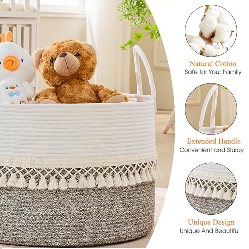KAKAMAY Large Blanket Basket with Handles, Storage Basket for Living Room - color: Beige Fringe