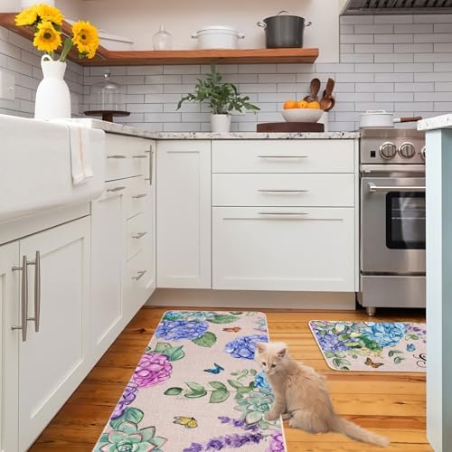 Hydrangea Kitchen Mats Set of 2, Waterproof Non-Slip Kitchen Rugs for Floor - color: Hydrangea