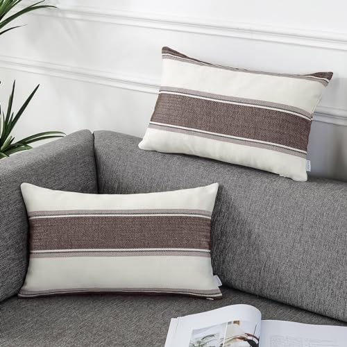 AmHoo Pack of 2 Farmhouse Linen Throw Pillow Cover Cushion Stripe Decoration Buffalo Retro Pillowcase with Hidden Zipper for Sofa Bedroom Car 12 x 20 Inch Brown - color: Brown, size: 20" x 12" (Pack of 2)