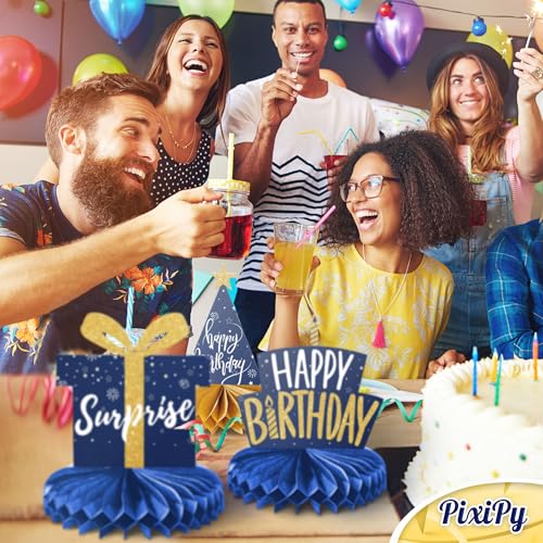 Happy Birthday Table Decoration Centerpieces - 8 Pieces, Blue & Gold - Double-Sided Happy Birthday Centerpieces for Tables - Party Supplies for Elegant Birthday Decorations - by PixiPy - style: Blue & Gold (Pack of 8)