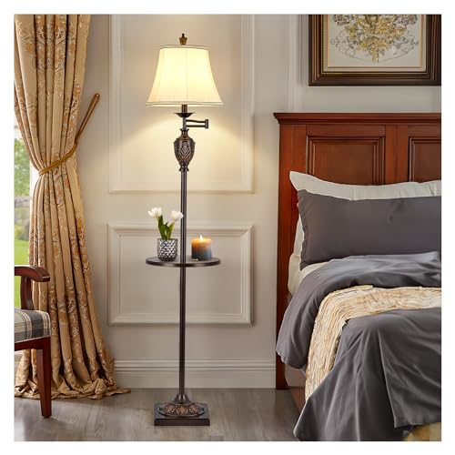Traditional Floor Lamp with Tray, Remote Dimmable, 350° Swing Arm and Brown - color: Brown-1