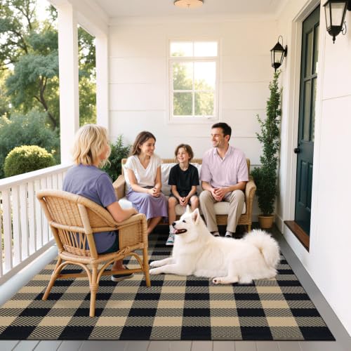 Outdoor Rugs, Brown and Black Area Rug Checkered 4’x 6’ - color: Brown & Black, size: 4' x 6' (Rectangular)