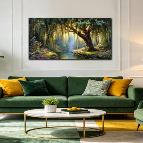 MXUNYZ Green Willow Tree Picture for Living Room Botanical Nature Painting - color: Green, size: 48"L x 24"W