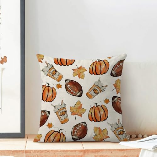 Fall Pillow Covers 18x18 Set of 2 Orange Pumpkin Football Maple Leaf Throw Pillow Cover Outdoor Autumn Thanksgiving Decoration Pumpkin Pillowcase Farmhouse Decorative Cushion Case for Home Sofa - color: Football Pumpkin 1, size: 18" x 18" (Pack of 2)
