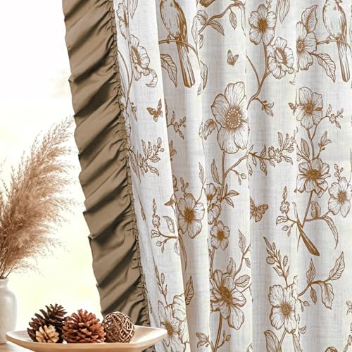 Yinhua Floral Curtains for Living Room 63 Inch Length French Country Linen Bedroom Curtains with Ruffle Tieback, Light Filtering Flower Patterned Window Curtain Rod Pocket Back Tab Drapes, 2 Panels - color: Brown, size: 52"W x 63"L (Pack of 2)