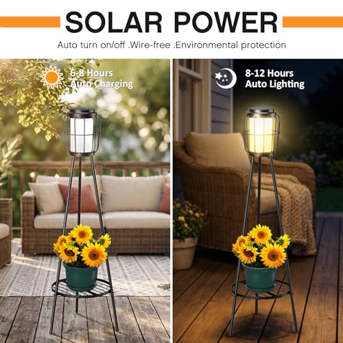 MXwcy 2 Pack Solar Lights Outdoor with Plant Stand, Waterproof Solar Floor Lamp & Tall Metal Planter Holder for Outside, Decorative Tripod Pathway Lantern for Patio, Garden, Porch, Yard Decor - color: A- 2Pack Black - Single shelf, size: Medium