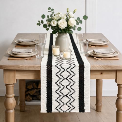 Artoid Mode Black Stripe Diamond Woven Table Runner 12x36 Inch - color: Black, size: 12" x 36", Table Runner