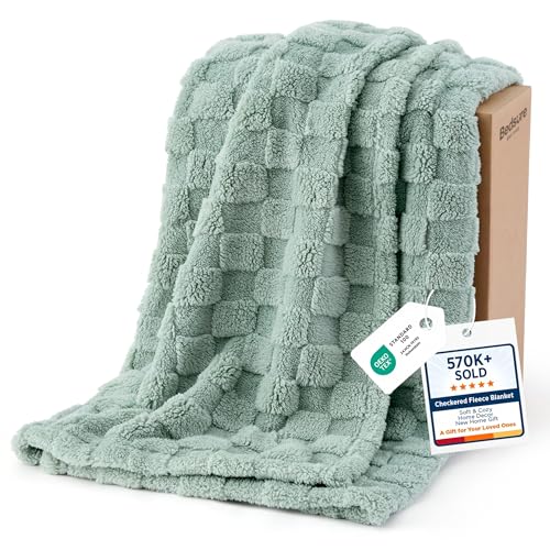 Bedsure Checkered Fleece Soft Cozy Throw Blankets,Sage Green,50"×70" - color: 01 Sage Green, size: Throw XL (50" X 70")