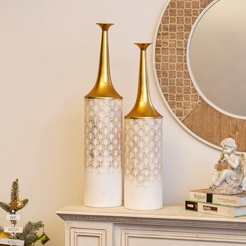 Sziqiqi Tall Floor Vase, Rustic White and Gold Slender Vases, Set of 2 - style: White Floor Vases