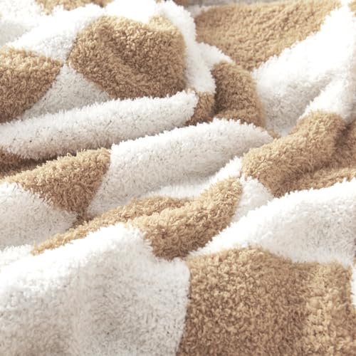 CozeCube Beige White Reversible Checkered Knit Throw Blanket 50"x60" - color: Khaki Tan, size: 50"x60"