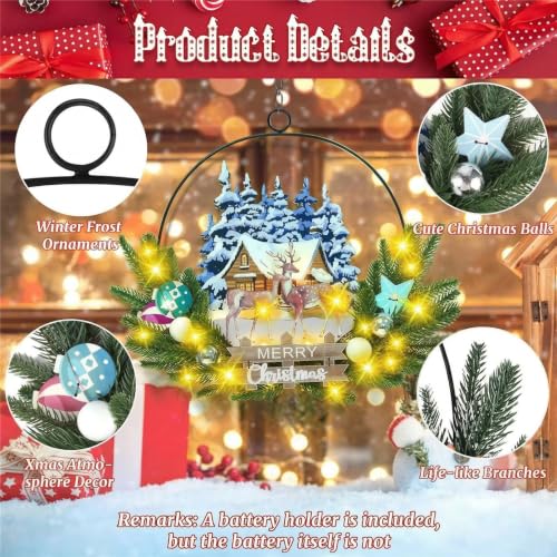 Pre-Lit Christmas Wreath for Front Door, Lighted Deer with 6H On/18H Off - color: Deer-warm White