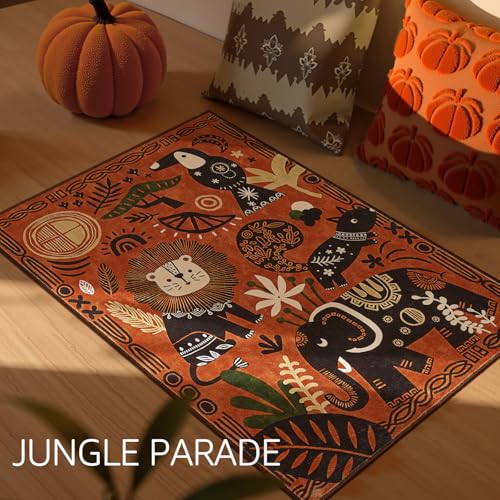 jinchan 2x3 Cute Area Rug Kids Washable Fun Rug Terracotta Boho Jungle Mat - color: Jungle Parade Orange, size: 2' x 3' (Rectangular)