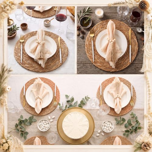 Fanfanwin Set of 6 Boho Woven Placemats with Khaki Napkins, 13 in - color: Khaki