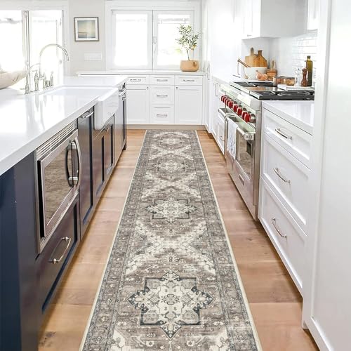 Pauwer Vintage Floral 2x10 Runner Rug, Non Slip Hallway Runner, Grey Brown - color: Grey Brown, size: 2' x 10' (Runner)