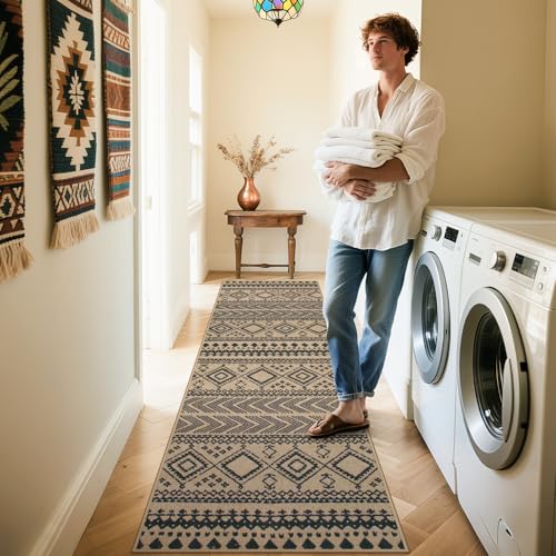 Lahome Boho Washable Easy Jute Runner Rug, 2x8 Kitchen Runner Rug Non Slip - color: Brown Geometric Tribal, size: 2'6" x 8' (Runner)