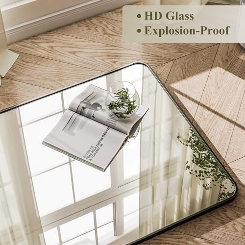 BEAUTYPEAK 76" x 34" Rounded Corner Full Length Mirror with Stand, Black - color: Black, size: 76"L x 34"W
