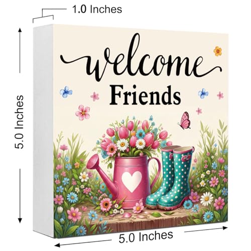Welcome Wooden Box Sign,Welcome Friends Sign Spring Decorations for Home Office Bathroom Kitchen for Desk Shelf Table Decor - color: Welcome Friends