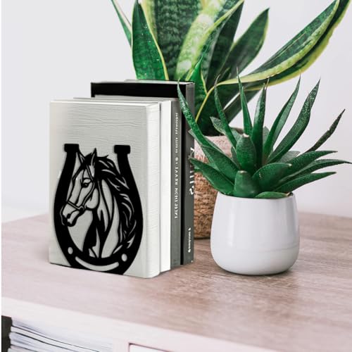 Peacoblue 5.3"x4.3"x5.9" Metal Bookends, Heavy Duty Book Ends for Shelves - style: Horses and Horseshoes