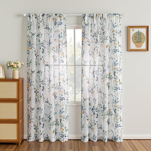 MYSKY HOME Yellow and Blue Sheer Floral Curtains 90 Inch Length 2 Panels - color: A-yellow & Blue, size: 52"W x 90"L (Pack of 2)