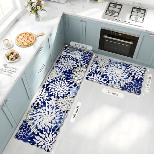 ZonLi Kitchen Mats for Floor 2PC Anti Fatigue Kitchen Rug Non Slip Washable - color: Blue White, size: 17.3"x30"+17.3"x59"inch
