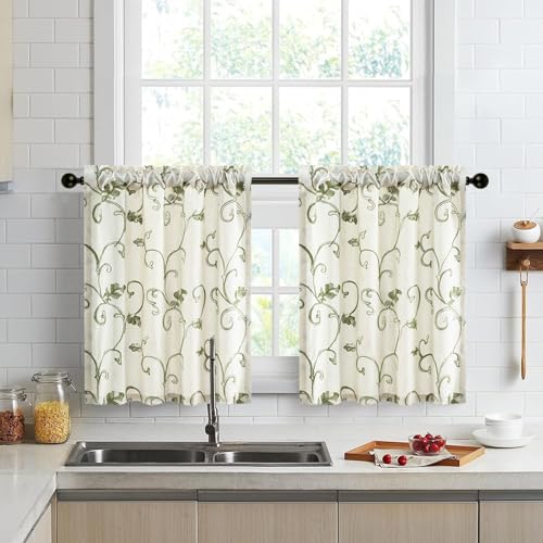 VOGOL Green Vine Embroidered Kitchen Tier Curtains, W30 x L30, 2 Panels - color: Green, size: 30"W x 30"L (Pack of 2)