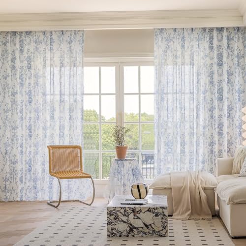 SUOUO Blue and White Toile Floral Semi Sheer Curtains 84 Inches 2 Panels - color: Blue-white, size: 52"W x 84"L (Pack of 2)