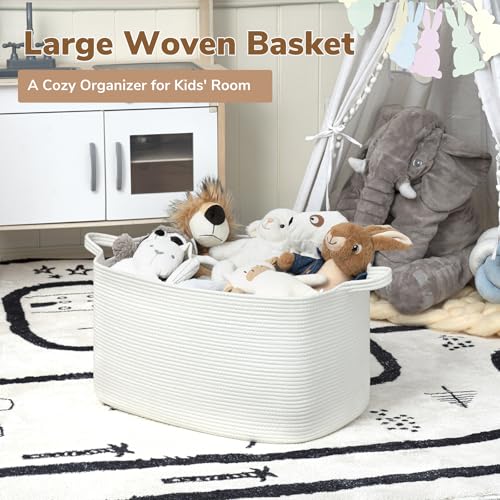 Goodpick Large Woven Rope Blanket Basket, Rectangle, White, 75L - color: White, size: Large(21.6"L x 14.9"W x 11.8"H)