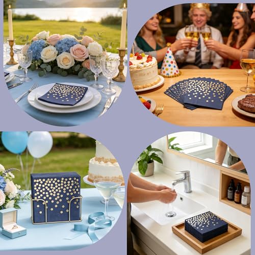 80 Pack of Paper Cocktail Napkins with Gold Foil Polka Dot Confetti,Polka Dot Party Supplies(5 x 5 in,2-ply) (80, blue gold) - style: Blue Gold Dot