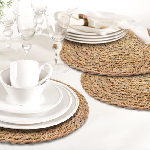 Round Woven Placemats Set of 4, with 72 Inches Long Farmhouse Macrame Table Runner Burlap Cotton Linen Table Runners Chargers for Dinner Plates, Beige & Brown - color: Beige & Brown, size: 12 x 72 Inches, 4Pcs Round