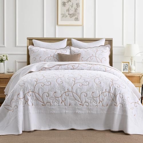 100% Cotton Oversized Bedspread Quilt Coverlet Set, 128"x120" - color: White/Beige-gold, size: Extra Wide Super King(128"x120")