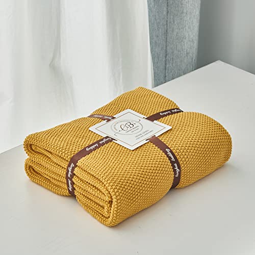 Longhui bedding Mustard Yellow Cotton Cable Knit Throw Blanket for Couch Sofa Bed, Home Decorative Lightweight Knitted Blankets with Bonus Laundering Bag, 60“ x 80”, Machine Washable - color: Mustard Yellow, size: 60"x80"