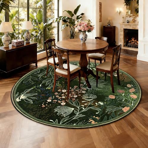 Yinhua Washable Round Rugs 4ft, Dark Green Botanical Area Rugs Non Slip - size: 4ft (Round)