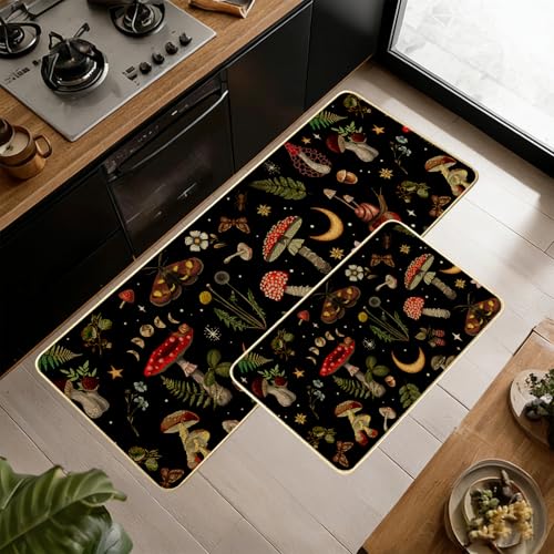 Mushroom Rug Mushrooms Butterfly Spring Kitchen Mats for Floor,Black Kitchen Rug Set of 2 Washable Floor Mats Rubber Rugs Runner Standing Mat Non Slip Rugs Runners for Sink,Dishwasher,17x29+17x47 inch - color: Black