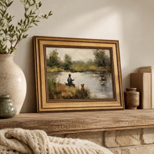 Devunaty Gold Framed Vintage Wall Art Boy Fishing Wall Decor Paintings Funny Dog and Boy Landscape Canvas Print Picture Retro Country Farmhouse Artwork for Kids Bedroom Living Room Decor 9"x11" - color: Boy Fishing, size: 11"L x 9"W