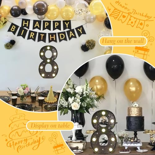 Black Glitter LED Marquee Number 8, Warm White Light Decor Sign - size: Number-8