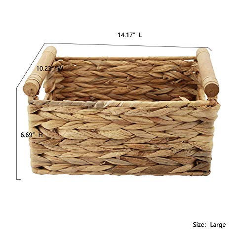 Natural Woven Water Hyacinth Storage Basket with Wood Handles, Large - color: Natural, size: 14.17x 10.23x 6.69