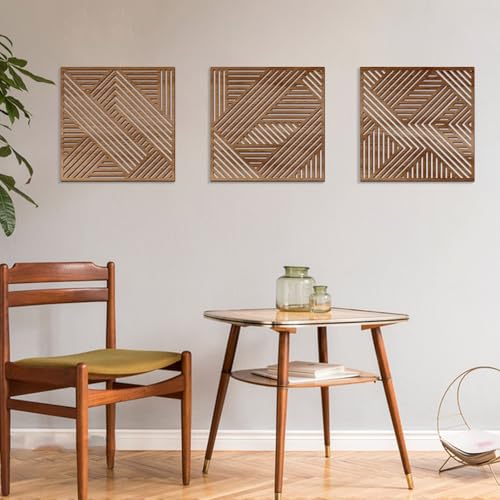 Bnesi 3 Piece Abstract Geometric Wood Wall Art Decor Modern Boho Minimalist Slatted Design Wall Sculpture Art Decor for Living Room Bedroom Home Bathroom (Exquisite, Medium) - style: Exquisite
