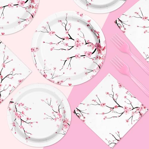 Grencian 96 PCS Cherry Blossom Party Supplies Cherry Decorations, Serves 24 - style: Cherry Blossom Kit