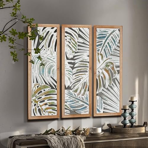 XIAOAIKA Boho Hand-Carved Tropical Leaf Wood Wall Art Panels, Set of 3 - color: STYLE I