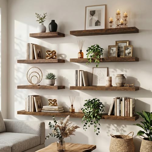 24 Inch Floating Shelves for Wall, 8"D Wood Storage Shelves, Brown Finish - color: Brown, size: 24 Inch