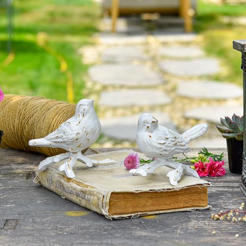 Sungmor Cast Iron Small Bird with Branch Statues, 2 Pack Antique White - color: White & Birds