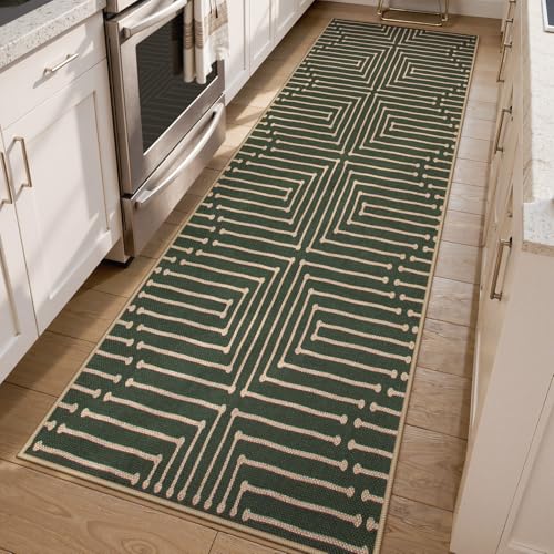 Lahome Maze Line Green Kitchen Runner Rug, 2x8 Outdoor Easy Jute Runner Rug - color: Dark Green Geometric, size: 2'6" x 8' (Runner)