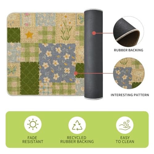 Artoid Mode Check Pattern Flowers Floral Spring Kitchen Mats Set of 2, Home Decor Low-Profile Kitchen Rugs for Floor - 17x29 and 17x47 Inch