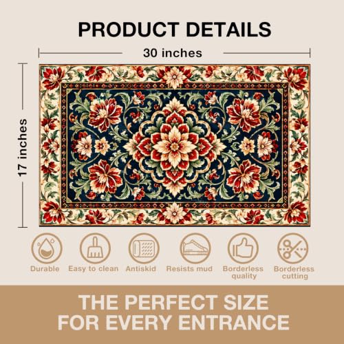 Boho Persian Floral Faux Coco Coir Doormat Door Mat 17x30 Inch - color: Boho Floral 04