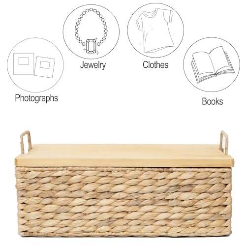 Water Hyacinth Wicker Storage Baskets with Wooden Lid (Large) - size: Large (Single)
