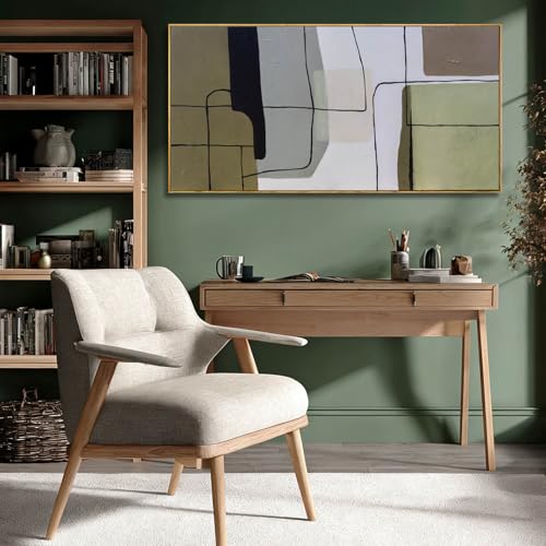 Neutral Beige and Green Modern Abstract Wall Art 24x48 Inch, Large Minimalist Canvas Painting with Wood Frame, Framed Wall Art for Living Room, Bedroom, and Office Decor - color: Green, size: 48"L x 24"W