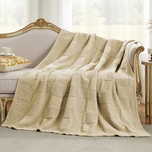 Amélie Home Checkered Chenille Knit Throw Blanket for Couch, Beige, 50"x60" - color: Checkered Beige, size: Checkered Knit 50"x60"