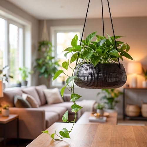 Hanging Planter for Indoor Plant 8 in, Ceramic Black Flower Pot - color: Black