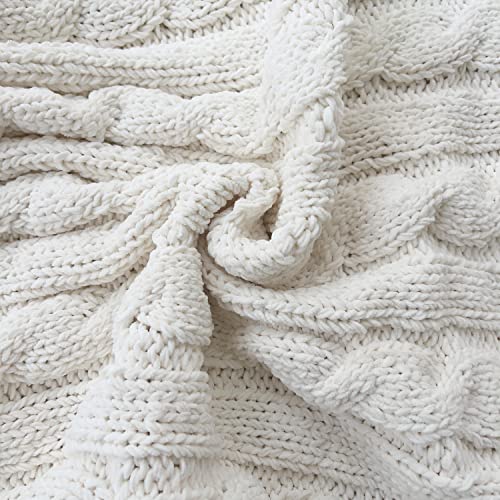 Chenille Chunky Knitted Throw Blanket with 14pcs Pom Poms Tassel Super Soft Cozy Warm Blanket for Sofa Bed Soft Couch 50 x60 inches (White)?-¡ - color: Pom-pom-white, size: Throw 50"X60"