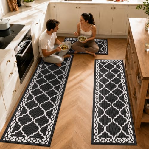 3 Piece Kitchen Rugs, Non Slip Waterproof Mats for Home(Black) - color: Black, size: 3-SET